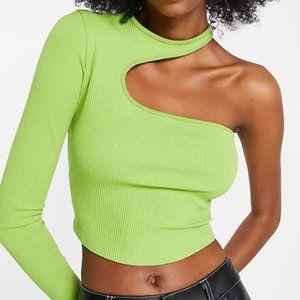 ASOS Bershka ribbed cut out asymetric top in green